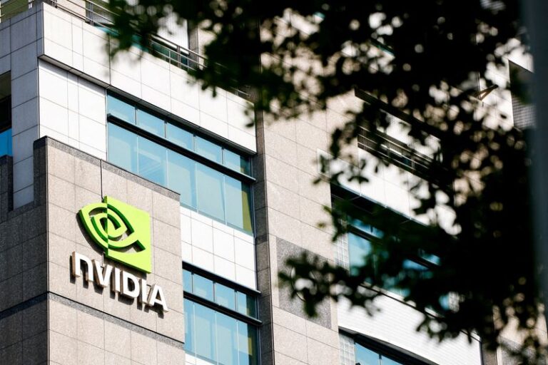 FILE PHOTO: The NVIDIA logo is displayed on a building in Taipei