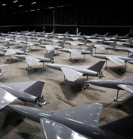 FILE PHOTO: Iranian drones are displayed during a ceremony of the joining new drones to the Iranian Army's combat organisation in an undisclosed location in Iran