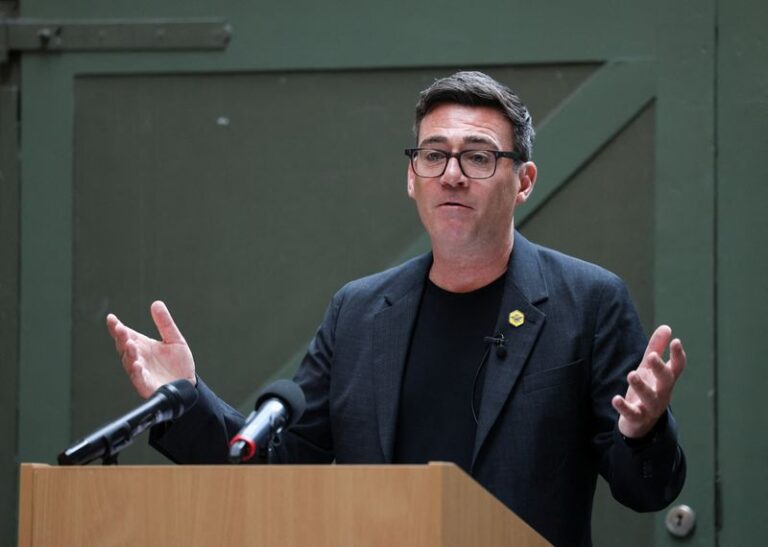 Britain's Makerfield MP Burnham delivers a speech at the People's History Museum in Manchester