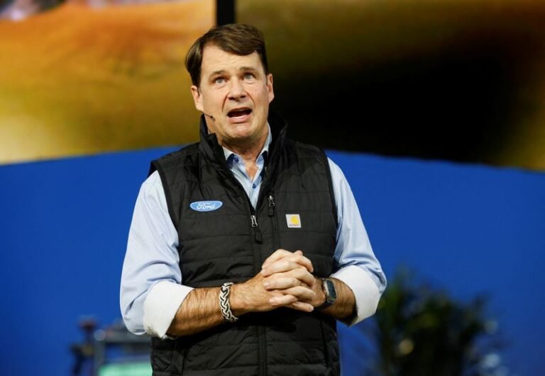Ford Motor Co. CEO Jim Farley speaks during the reveal of the Ford Bronco RTR SUV on the media day before the Detroit Auto Show in Detroit