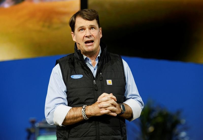 Ford Motor Co. CEO Jim Farley speaks during the reveal of the Ford Bronco RTR SUV on the media day before the Detroit Auto Show in Detroit