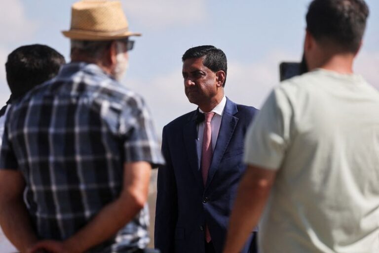 U.S. Representative Ro Khanna (D-CA) speaks with Palestinian residents of Turmus Ayya, near Ramallah, during a visit