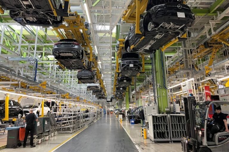 A general view of production lines of German car manufacturer Mercedes-Benz at a factory, in Rastatt